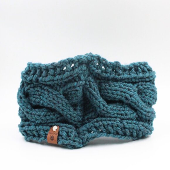 Handmade Hand Knit Chunky Cable Knit Acrylic Teal Blue Green Ear Warmer Headband - Picture 7 of 7